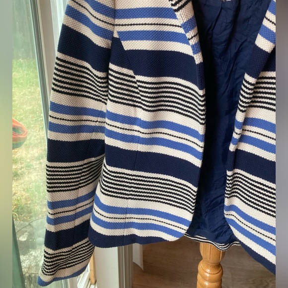 Anne Klein Blue and White Striped Collarless Tulip Cotton Blazer Jacket (6) - Picture 8 of 12